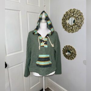 SO  Lace-up drawstring hoodie in a sage green with bohemian striped accents XS.
